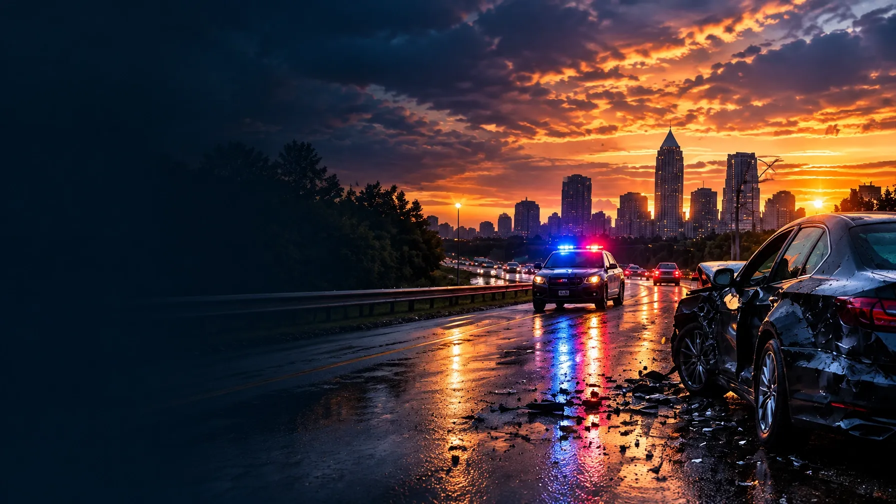 Atlanta skyline at dusk beside a rain-slick highway