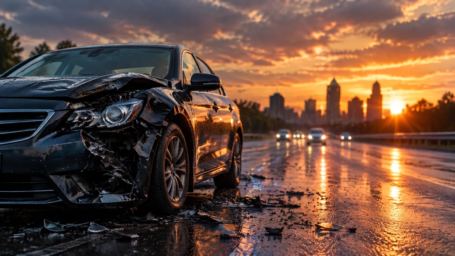 Damaged car on a roadway at dusk