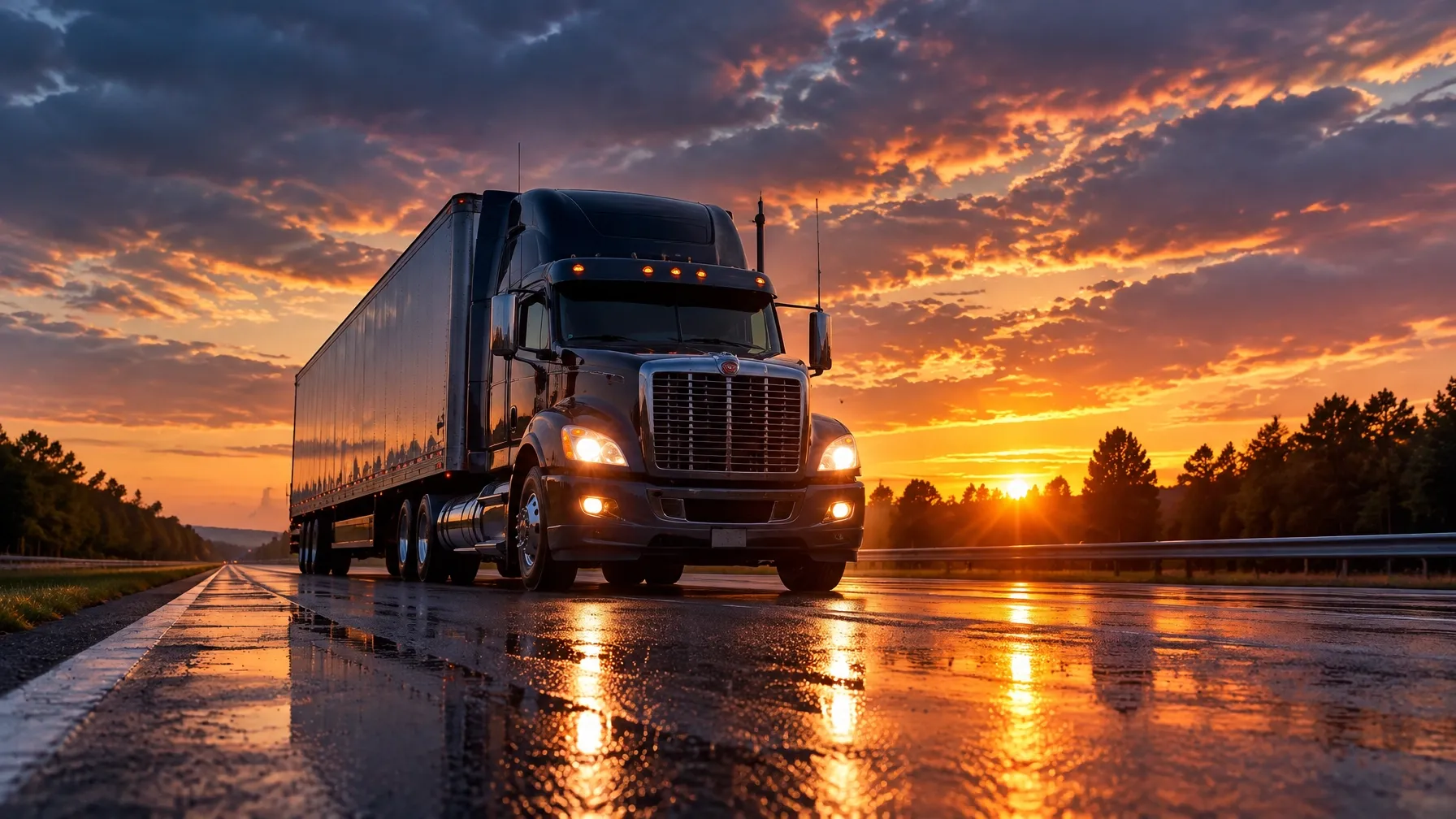 Semi truck traveling on a highway at sunset