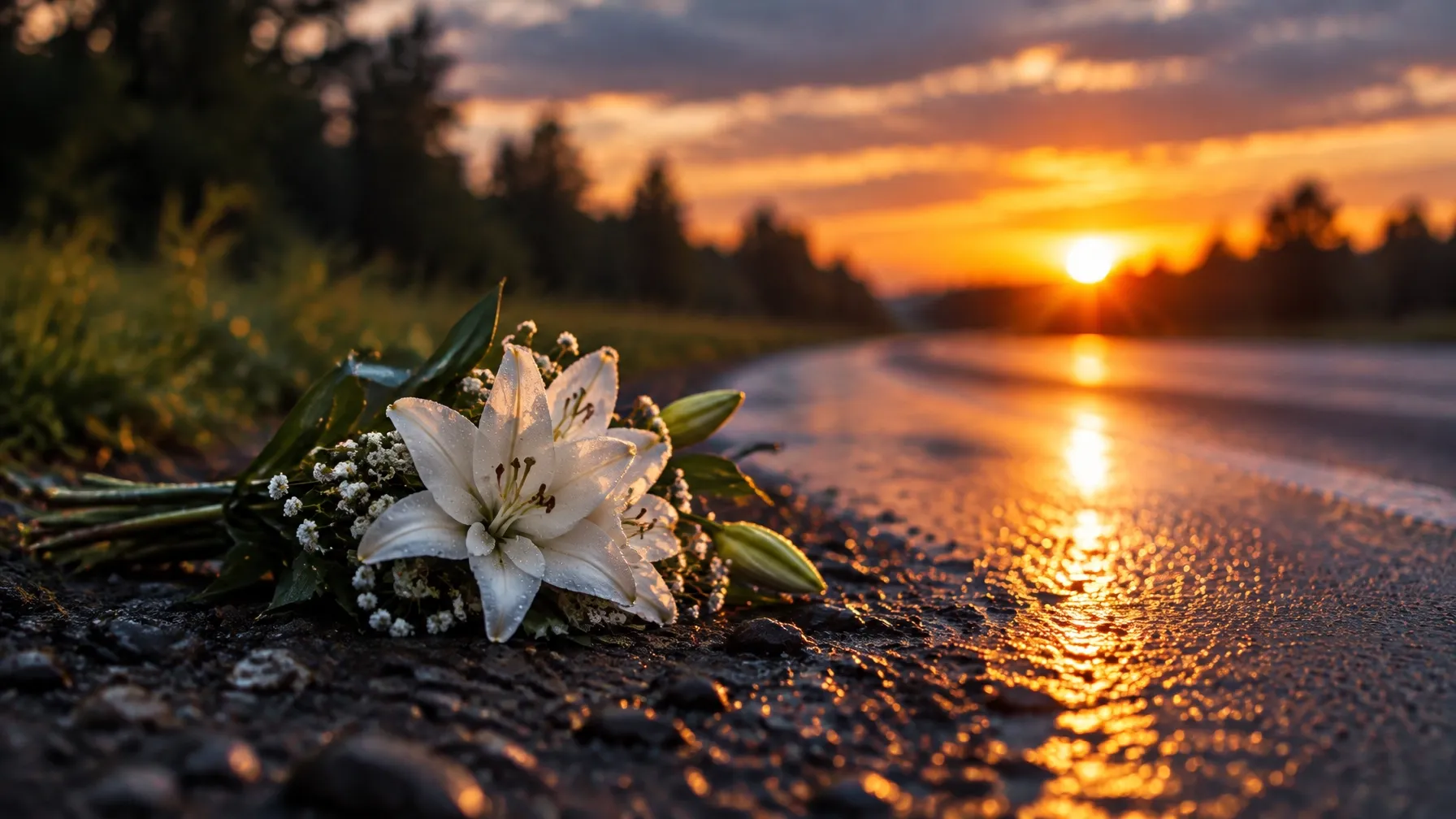 White flowers beside a quiet road at sunset